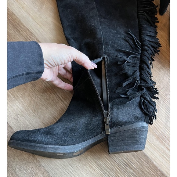 Reba Boots Womens Size 8.5 Black Suede Fringe Western Knee High Zip Cowboy - Picture 4 of 8